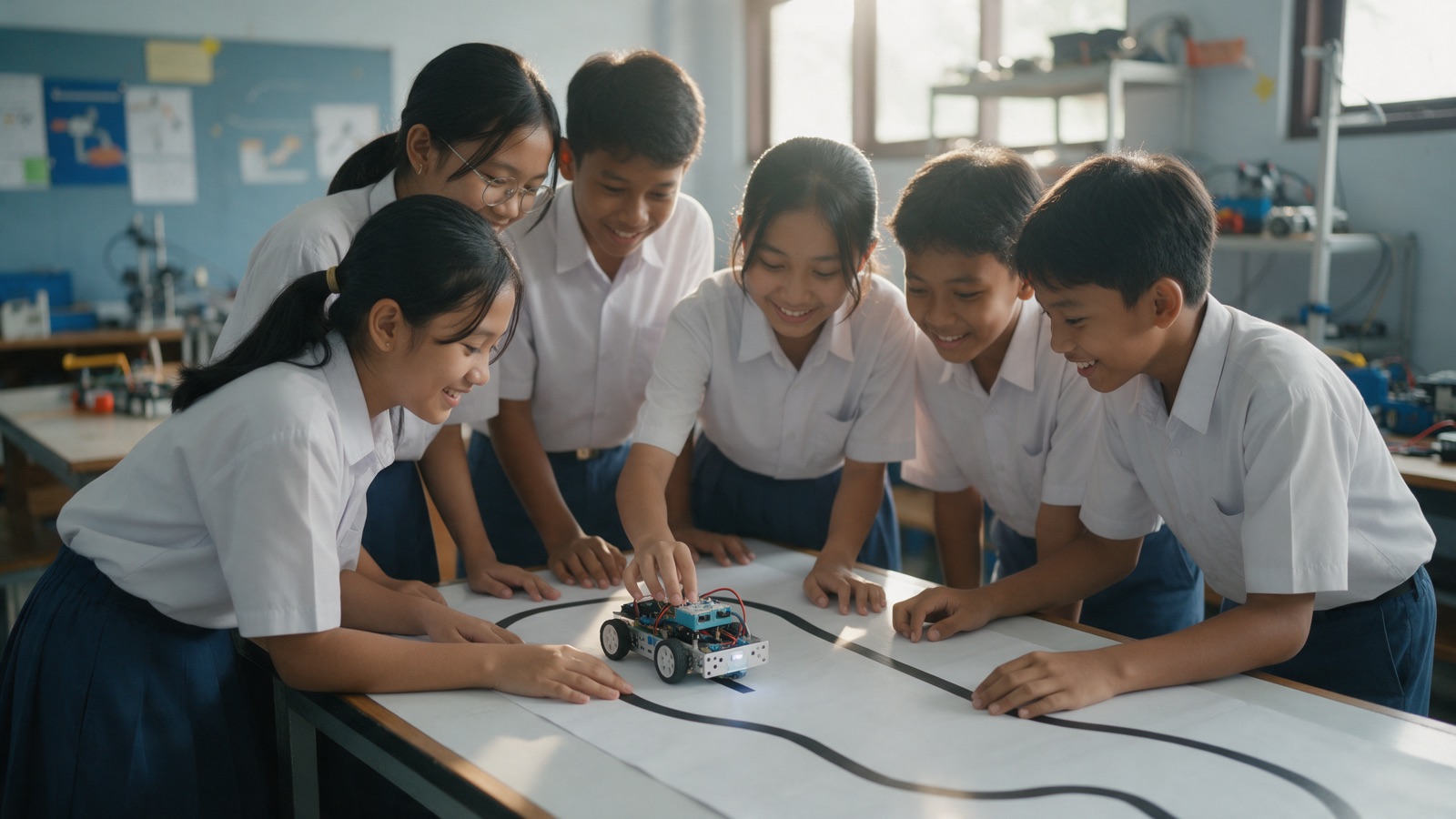 Murid SMP menguji robot pengikut garis