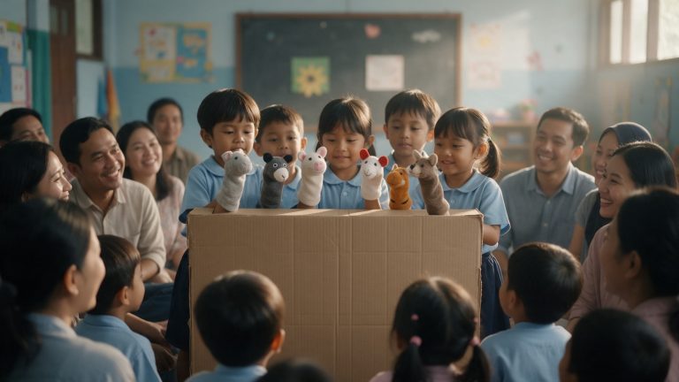 Anak TK memainkan boneka tangan di depan orang tua