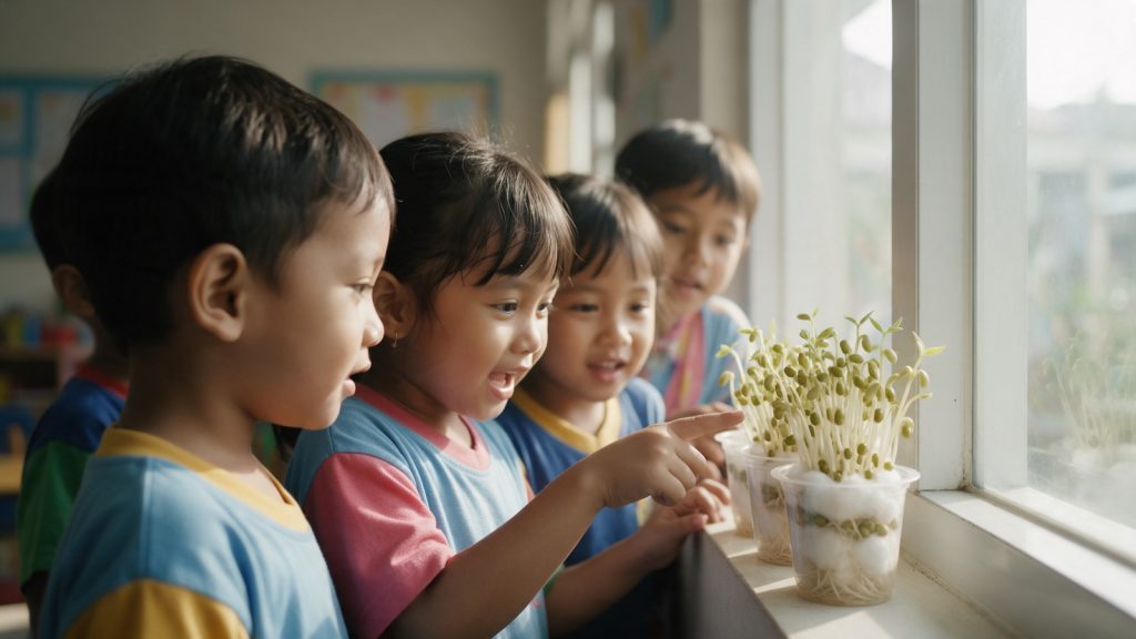Anak TK mengamati kecambah kacang hijau di jendela kelas