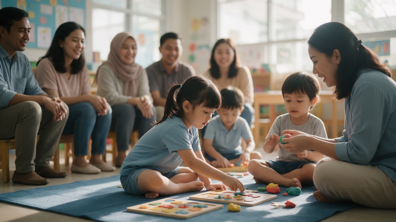 Kelas uji coba TK dengan orang tua yang menonton