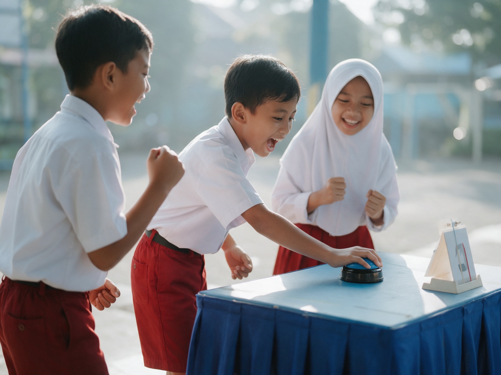 Tim SD Mustikane menekan bel di lomba cerdas cermat