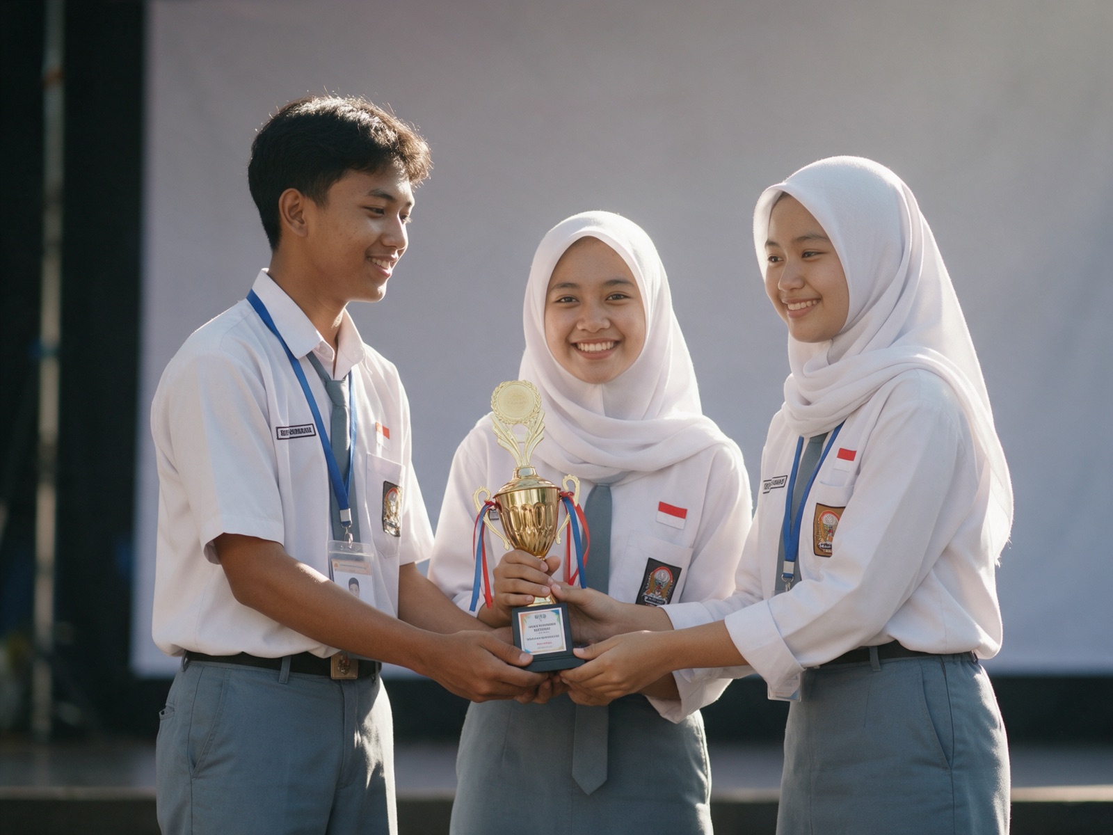 Tim debat bahasa Inggris SMA Mustikane membawa piala