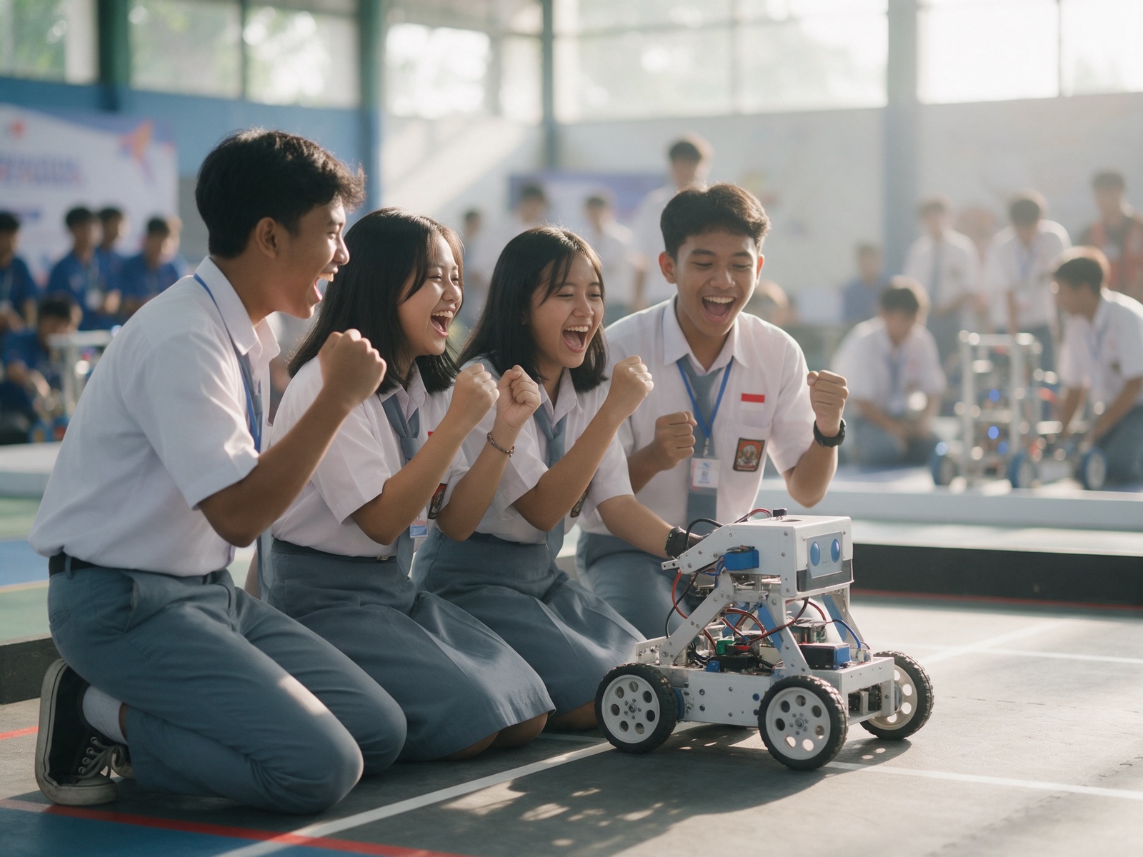Tim robot SMA Mustikane bersorak di arena kontes