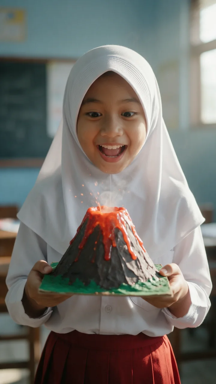 Murid SD memegang model gunung api