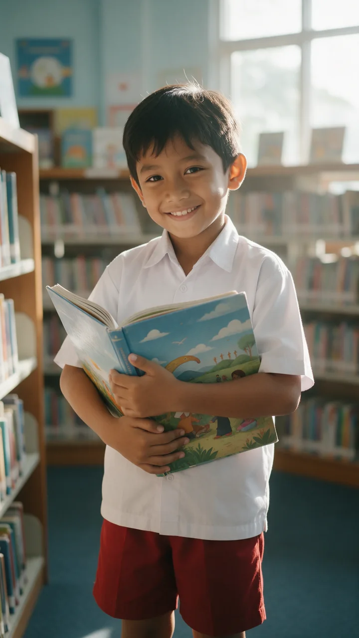 Murid SD memeluk buku cerita di perpustakaan