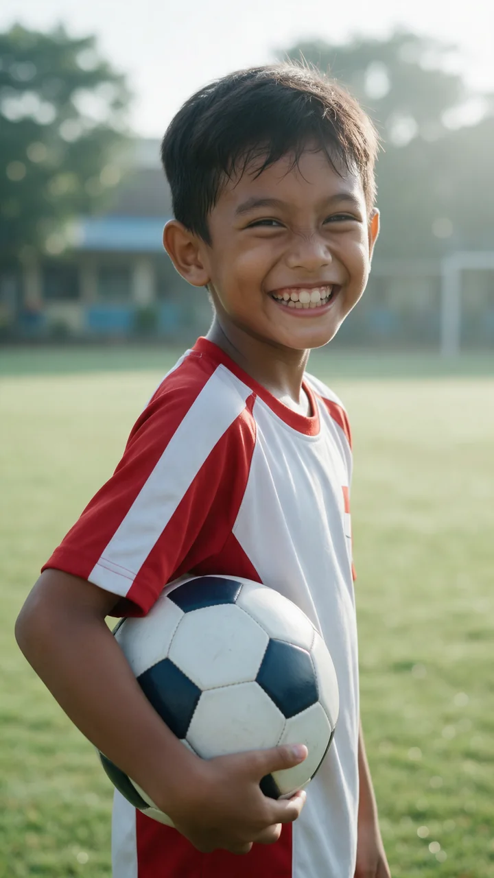 Murid SD membawa bola di lapangan
