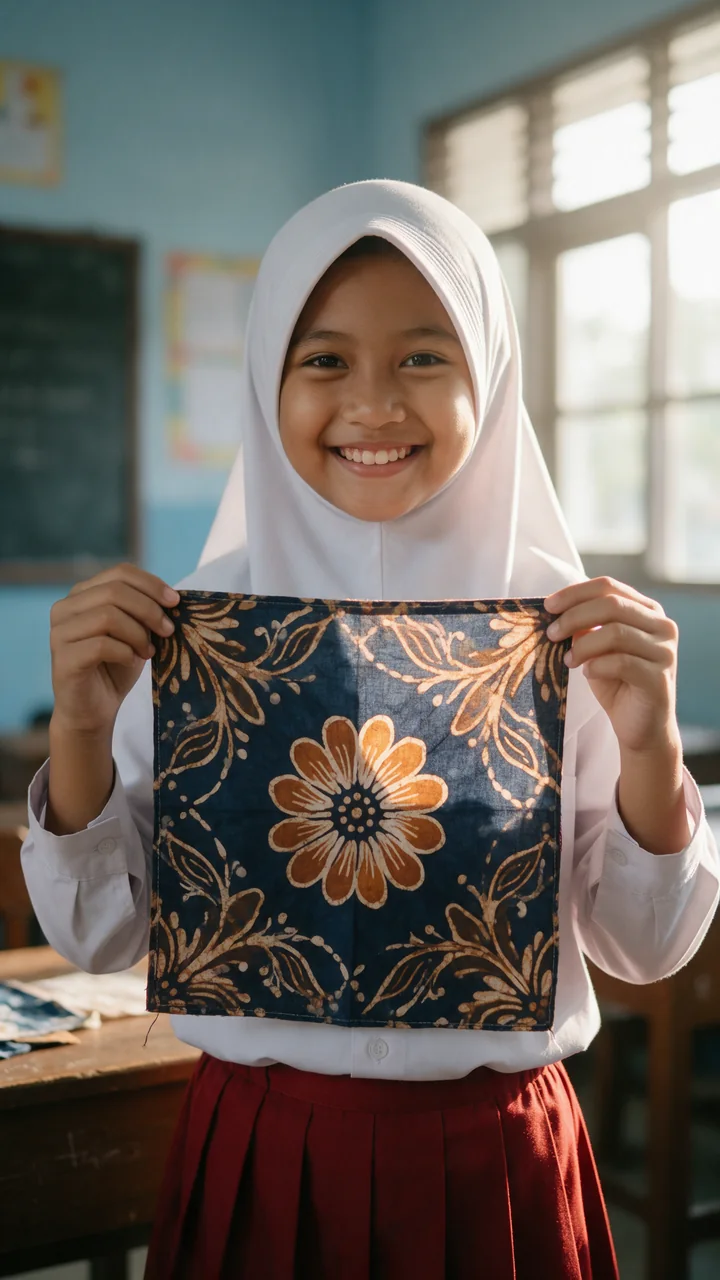 Murid SD memamerkan kain batik buatannya
