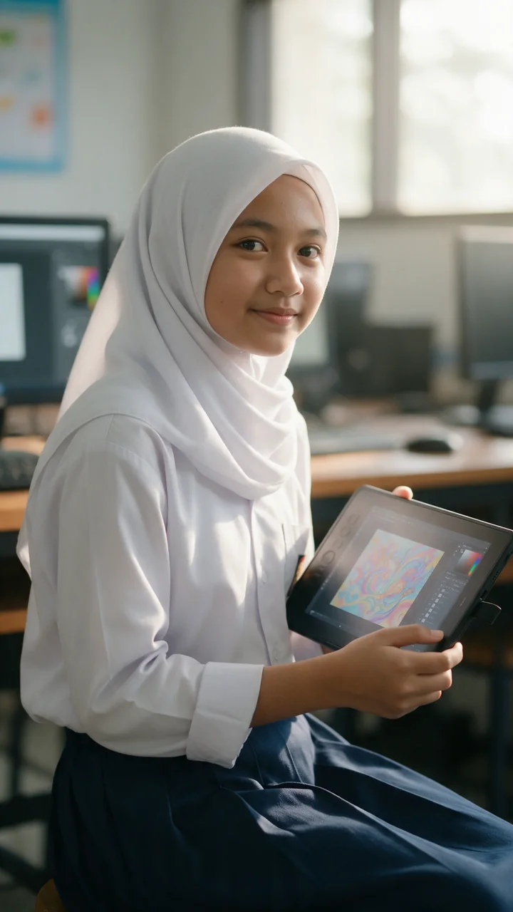 Murid SMP memegang tablet berisi karya digital