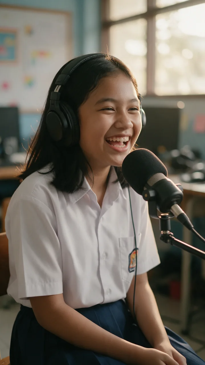 Murid SMP merekam podcast