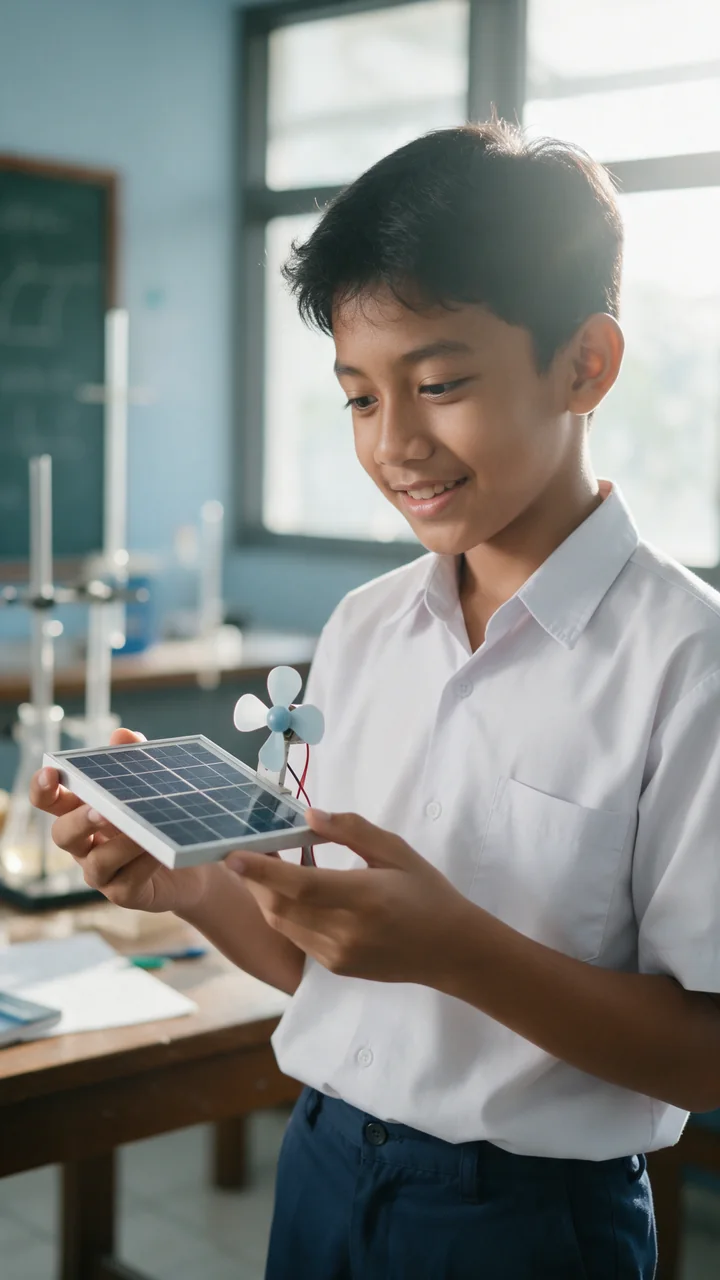 Murid SMP memegang model panel surya