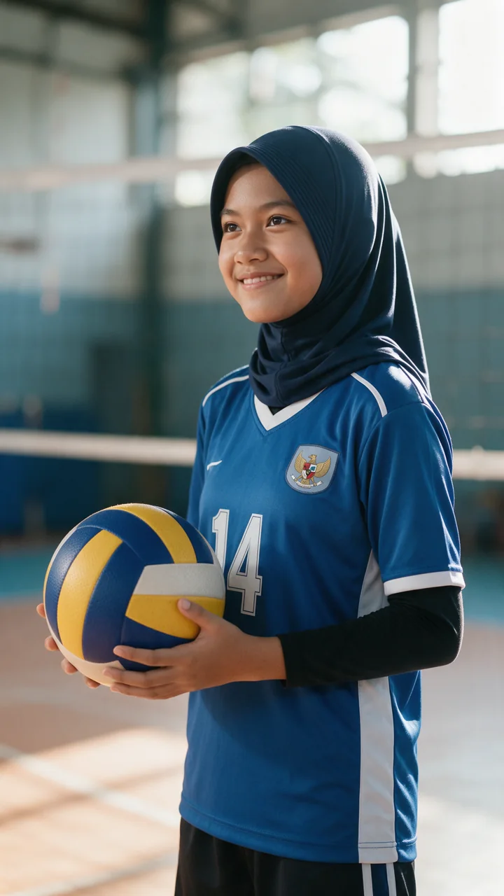 Murid SMP berseragam voli memegang bola