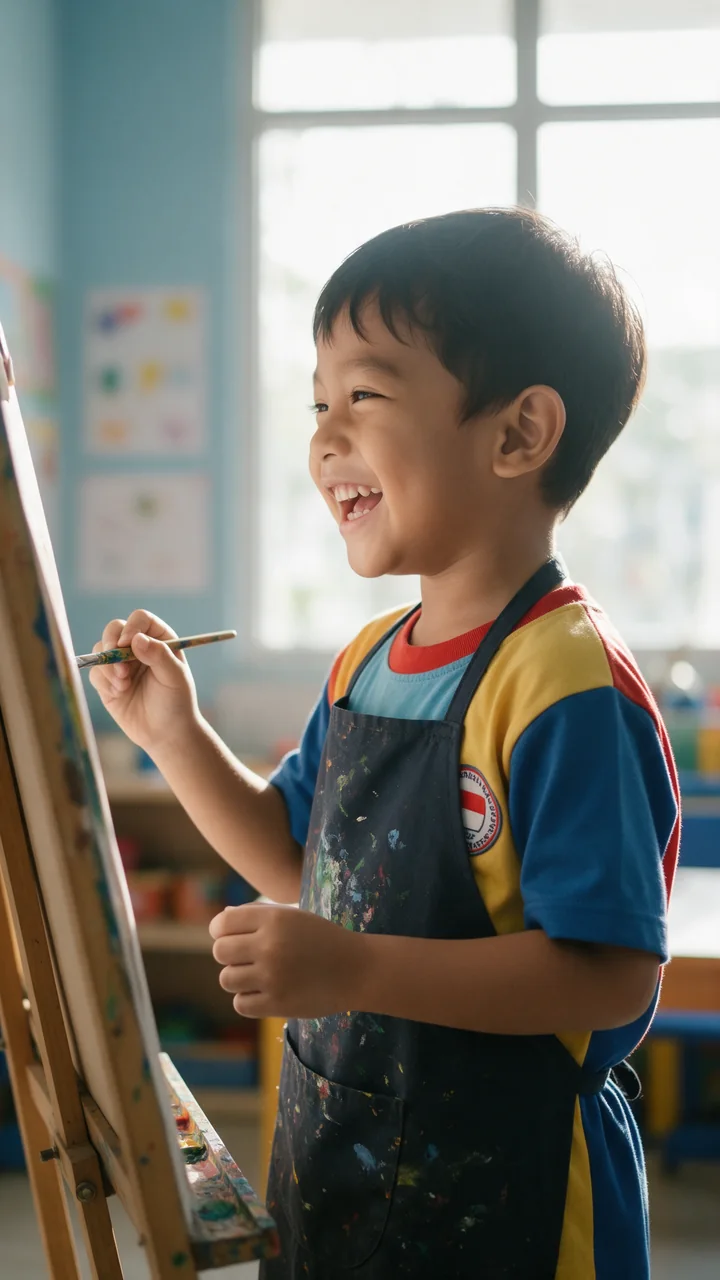 Anak TK tertawa sambil melukis di kanvas