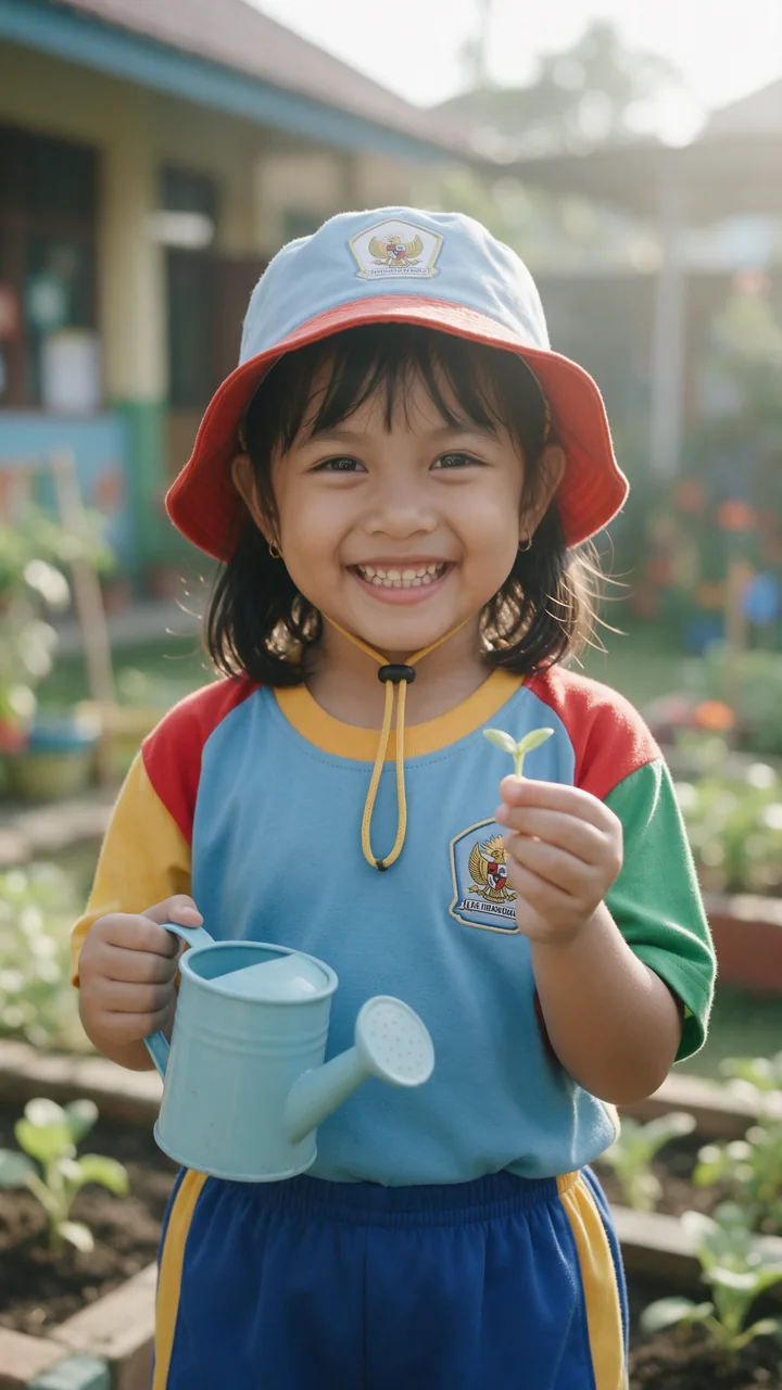 Anak TK memegang penyiram dan kecambah di kebun