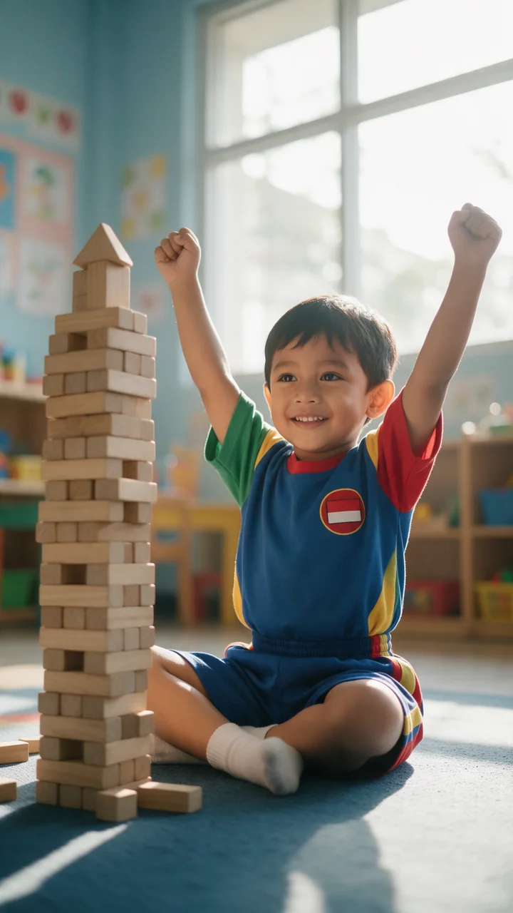 Anak TK bangga di samping menara balok