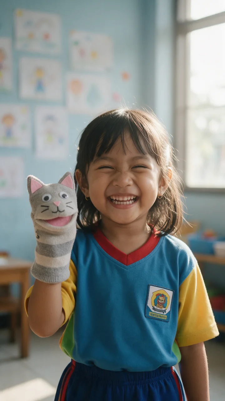 Anak TK memainkan boneka kaus kaki kucing