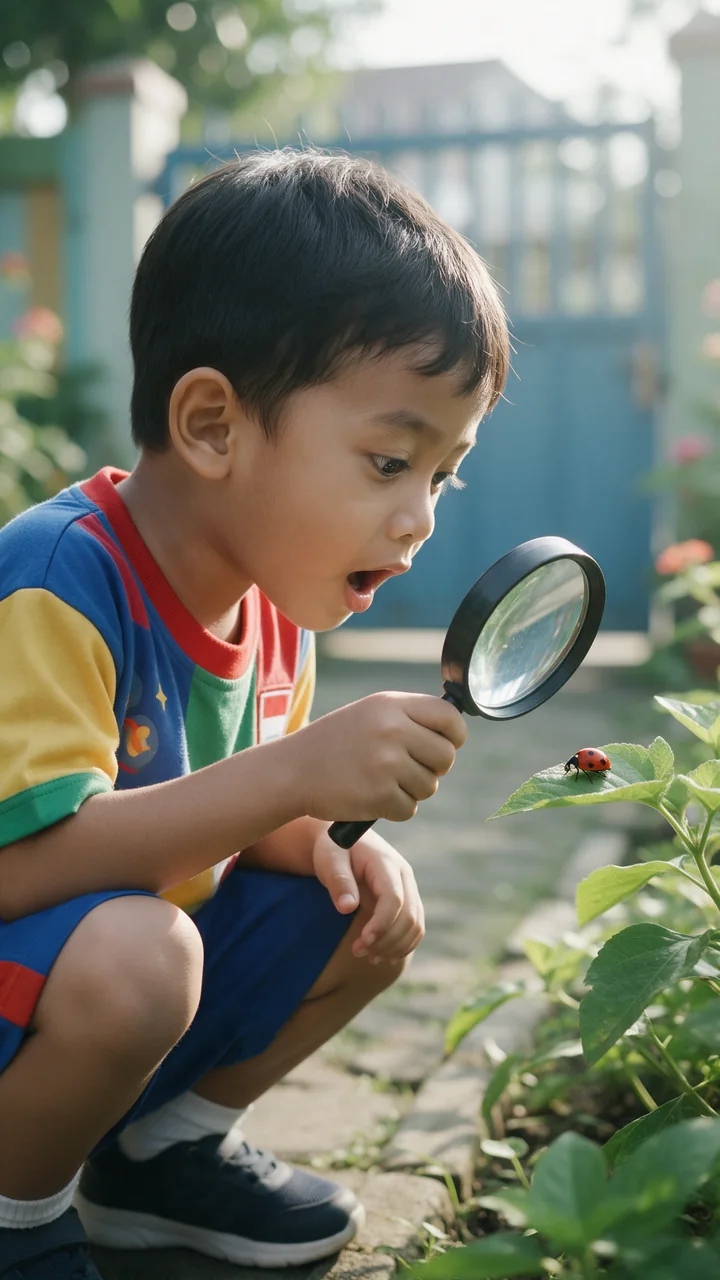 Anak TK mengamati kumbang dengan kaca pembesar